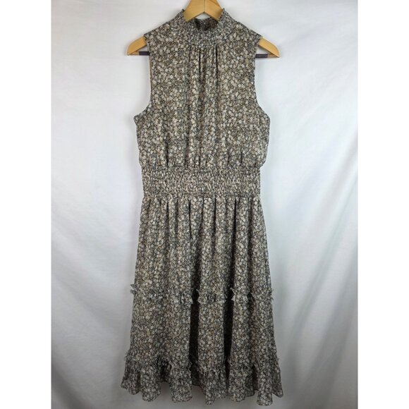 1.State Womens Dress Size Large Tan Floral Sleeveless High Neck Ruffle Lined - Picture 15 of 15